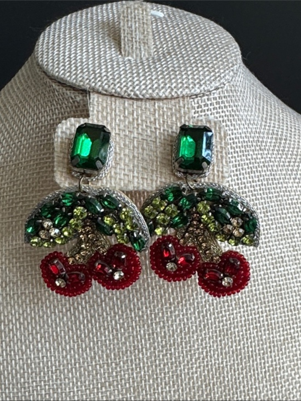 Capri Colette Rhinestone Cherry Drop Pierced Earrings Beaded Crystal Fruit